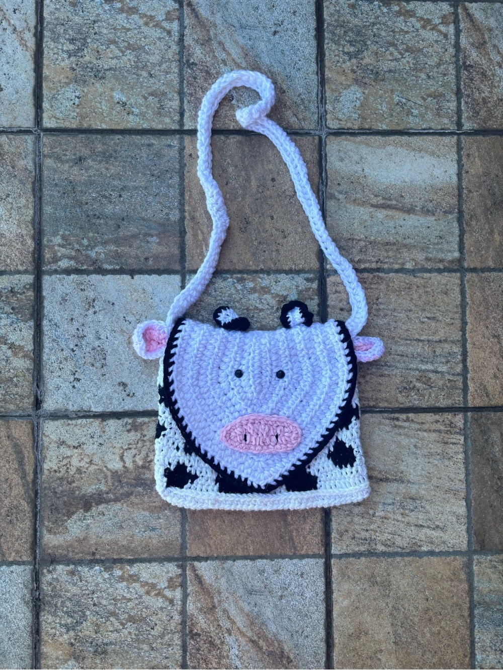 Handmade Crochet Cow Crossbody Bag | White & Black Cotton Yarn Kids Purse OS